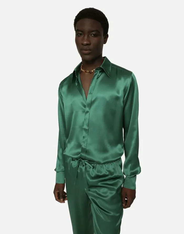 Dolce and Gabbana Shirts Men Silk Satin Martinifit Shirt With Metal DG Logo Multicolor Dolce and Gabbana Shirts Men Silk Satin Martinifit Shirt With Metal DG Logo Multicolor