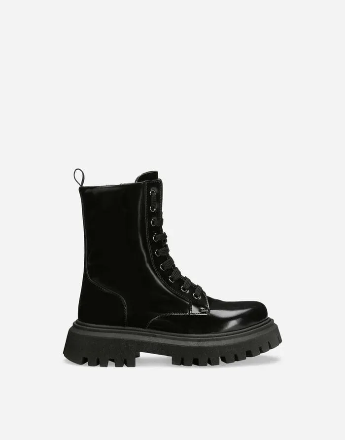 Dolce and Gabbana Shoes 2438 Children Brushed Calfskin Combat Boots Black