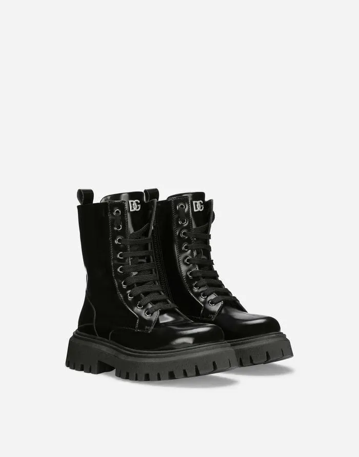 Dolce and Gabbana Shoes 2438 Children Brushed Calfskin Combat Boots Black Dolce and Gabbana Shoes 2438 Children Brushed Calfskin Combat Boots Black