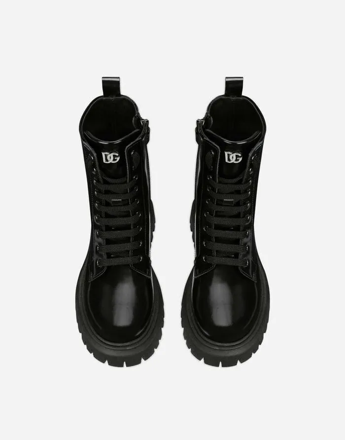 Dolce and Gabbana Shoes 2438 Children Brushed Calfskin Combat Boots Black Dolce and Gabbana Shoes 2438 Children Brushed Calfskin Combat Boots Black