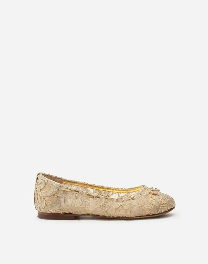 Dolce and Gabbana Shoes 2438 Children Laminated Lace Ballerina Shoes With DG Rhinestones Gold Dolce and Gabbana Shoes 2438 Children Laminated Lace Ballerina Shoes With DG Rhinestones Gold