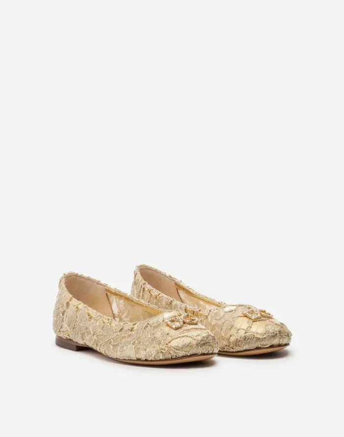 Dolce and Gabbana Shoes 2438 Children Laminated Lace Ballerina Shoes With DG Rhinestones Gold Dolce and Gabbana Shoes 2438 Children Laminated Lace Ballerina Shoes With DG Rhinestones Gold