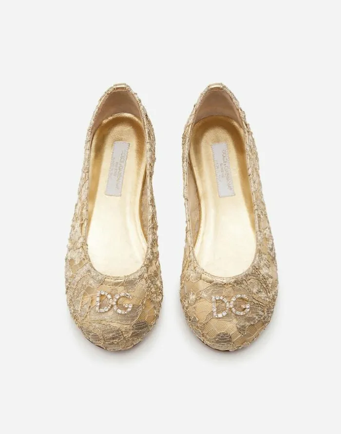 Dolce and Gabbana Shoes 2438 Children Laminated Lace Ballerina Shoes With DG Rhinestones Gold Dolce and Gabbana Shoes 2438 Children Laminated Lace Ballerina Shoes With DG Rhinestones Gold