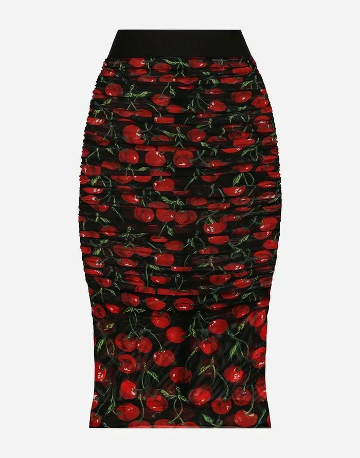 Dolce and Gabbana Skirts Women Cherryprint Tulle Midi Skirt With Branded Elastic And Draping Multicolor Dolce and Gabbana Skirts Women Cherryprint Tulle Midi Skirt With Branded Elastic And Draping Multicolor