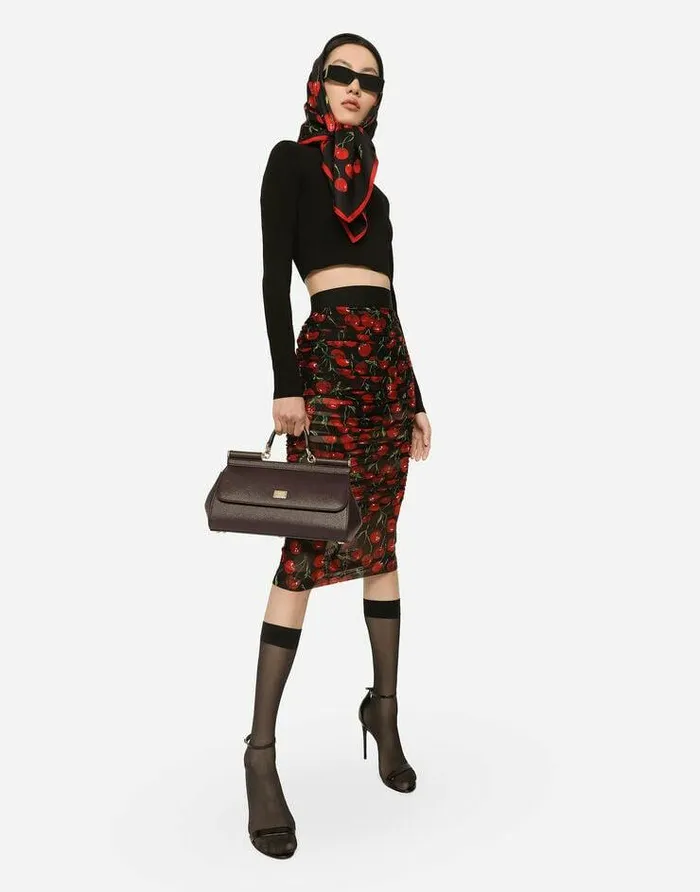 Dolce and Gabbana Skirts Women Cherryprint Tulle Midi Skirt With Branded Elastic And Draping Multicolor Dolce and Gabbana Skirts Women Cherryprint Tulle Midi Skirt With Branded Elastic And Draping Multicolor