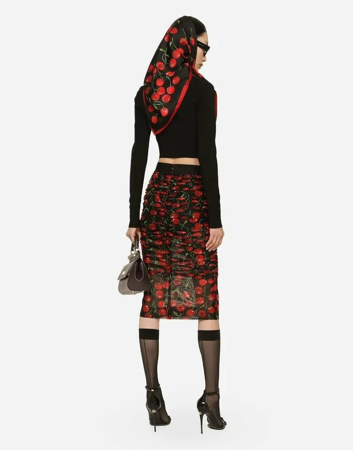 Dolce and Gabbana Skirts Women Cherryprint Tulle Midi Skirt With Branded Elastic And Draping Multicolor Dolce and Gabbana Skirts Women Cherryprint Tulle Midi Skirt With Branded Elastic And Draping Multicolor