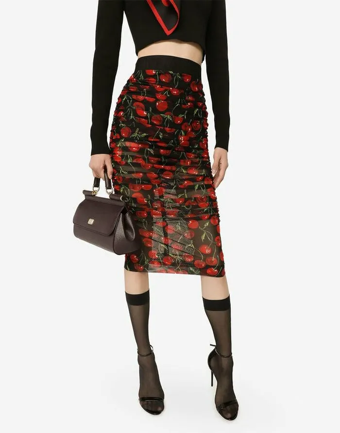 Dolce and Gabbana Skirts Women Cherryprint Tulle Midi Skirt With Branded Elastic And Draping Multicolor Dolce and Gabbana Skirts Women Cherryprint Tulle Midi Skirt With Branded Elastic And Draping Multicolor