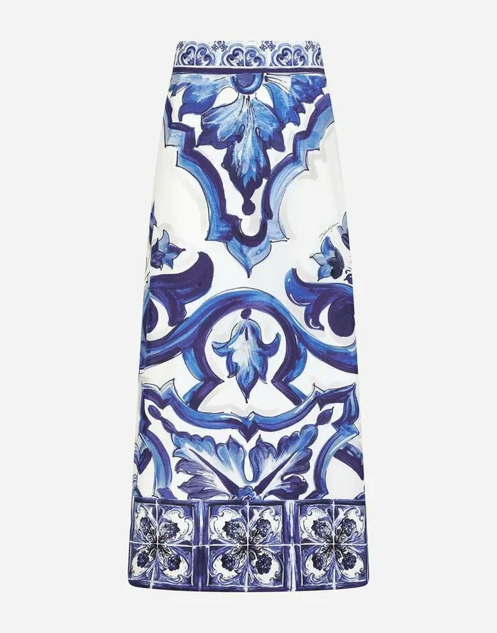 Dolce and Gabbana Skirts Women Majolicaprint Charmeuse Calflength Skirt With Slit Multicolor Dolce and Gabbana Skirts Women Majolicaprint Charmeuse Calflength Skirt With Slit Multicolor