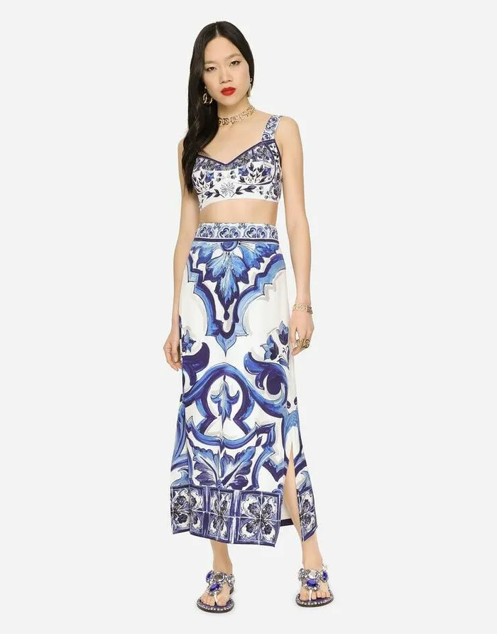 Dolce and Gabbana Skirts Women Majolicaprint Charmeuse Calflength Skirt With Slit Multicolor Dolce and Gabbana Skirts Women Majolicaprint Charmeuse Calflength Skirt With Slit Multicolor