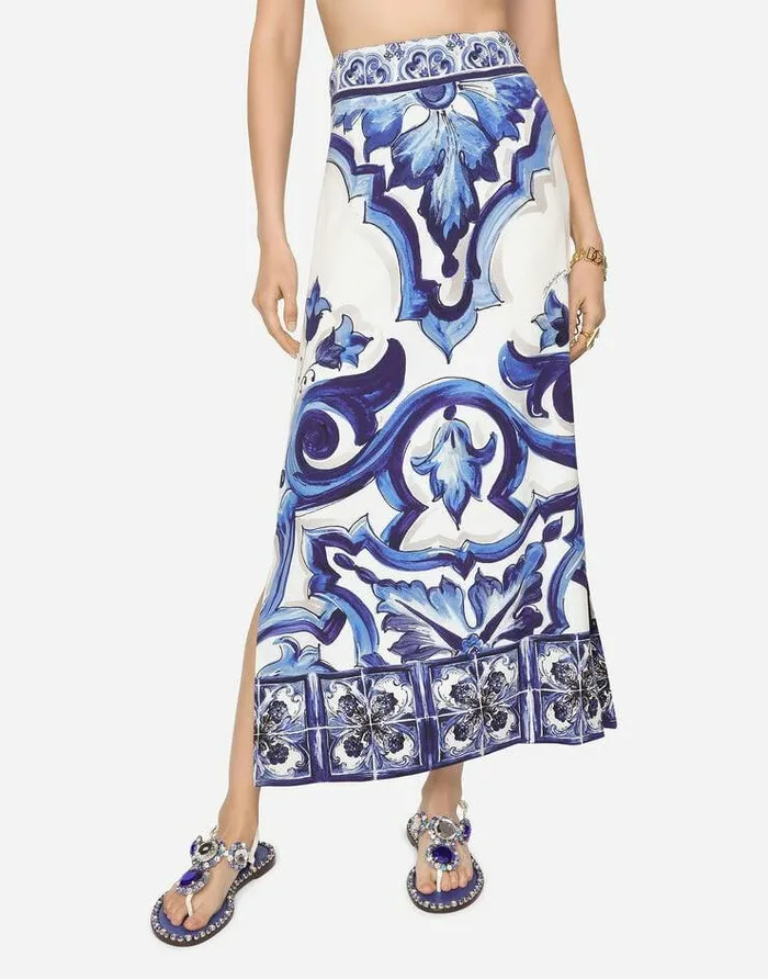 Dolce and Gabbana Skirts Women Majolicaprint Charmeuse Calflength Skirt With Slit Multicolor Dolce and Gabbana Skirts Women Majolicaprint Charmeuse Calflength Skirt With Slit Multicolor