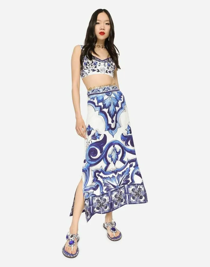 Dolce and Gabbana Skirts Women Majolicaprint Charmeuse Calflength Skirt With Slit Multicolor Dolce and Gabbana Skirts Women Majolicaprint Charmeuse Calflength Skirt With Slit Multicolor