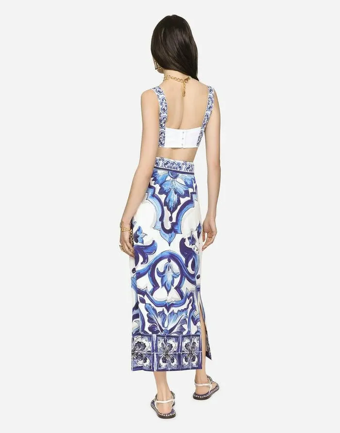 Dolce and Gabbana Skirts Women Majolicaprint Charmeuse Calflength Skirt With Slit Multicolor Dolce and Gabbana Skirts Women Majolicaprint Charmeuse Calflength Skirt With Slit Multicolor
