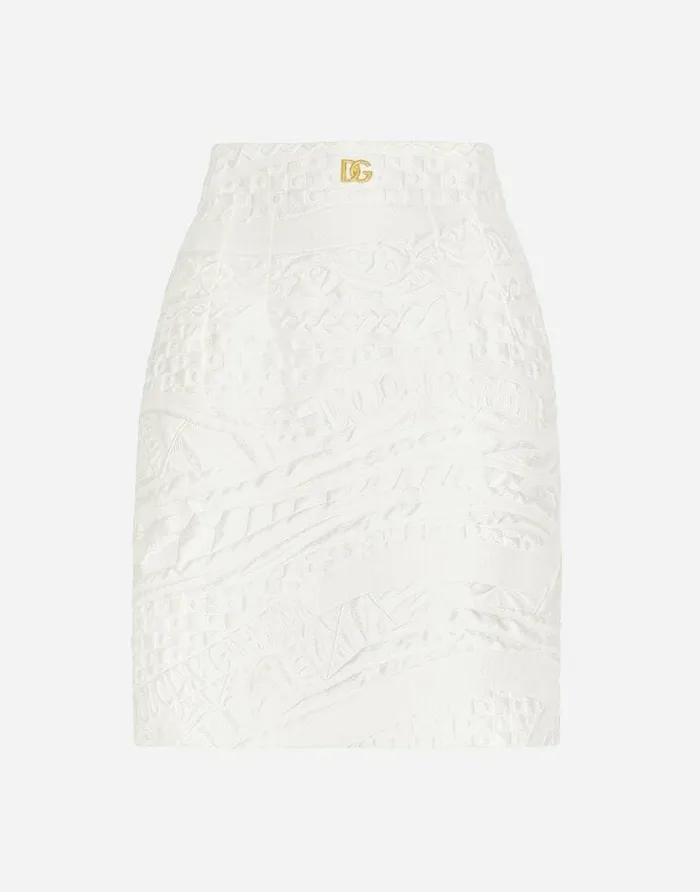 Dolce and Gabbana Skirts Women Short Brocade Skirt With DG Logo White
