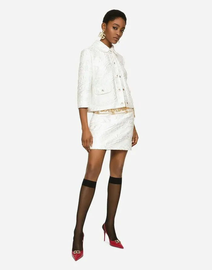 Dolce and Gabbana Skirts Women Short Brocade Skirt With DG Logo White Dolce and Gabbana Skirts Women Short Brocade Skirt With DG Logo White