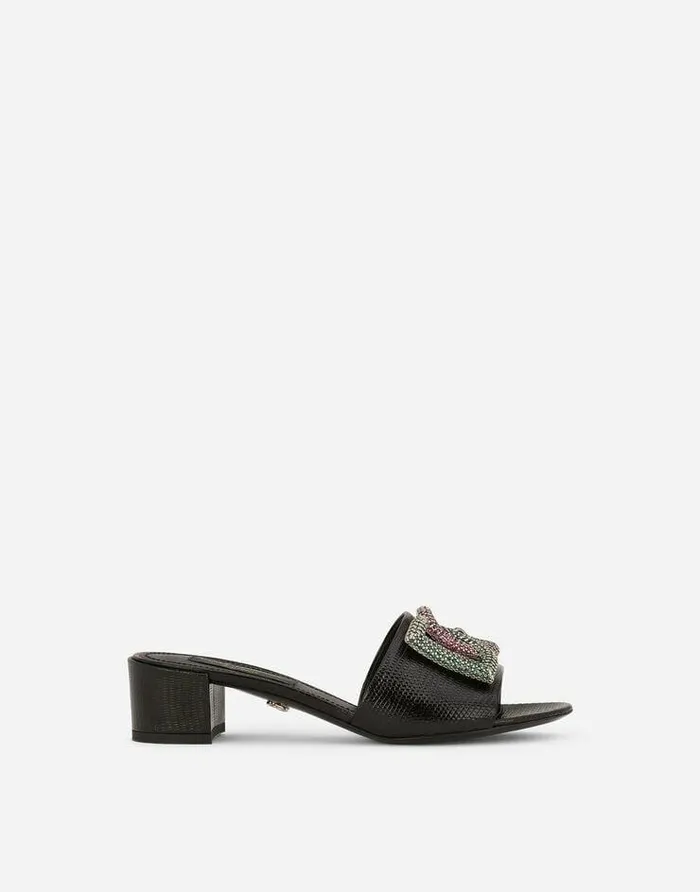 Dolce and Gabbana Slides And Mules Women Iguanaprint Calfskin Mules With Rhinestonedetailed DG Logo Black Dolce and Gabbana Slides And Mules Women Iguanaprint Calfskin Mules With Rhinestonedetailed DG Logo Black