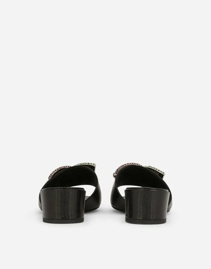 Dolce and Gabbana Slides And Mules Women Iguanaprint Calfskin Mules With Rhinestonedetailed DG Logo Black Dolce and Gabbana Slides And Mules Women Iguanaprint Calfskin Mules With Rhinestonedetailed DG Logo Black