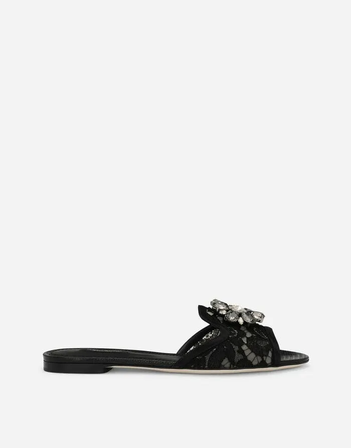 Dolce and Gabbana Slides And Mules Women Lace Rainbow Slides With Brooch Detailing Black Dolce and Gabbana Slides And Mules Women Lace Rainbow Slides With Brooch Detailing Black