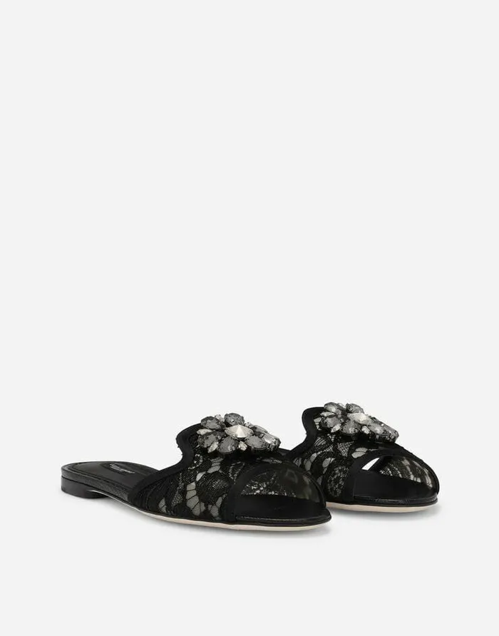 Dolce and Gabbana Slides And Mules Women Lace Rainbow Slides With Brooch Detailing Black Dolce and Gabbana Slides And Mules Women Lace Rainbow Slides With Brooch Detailing Black