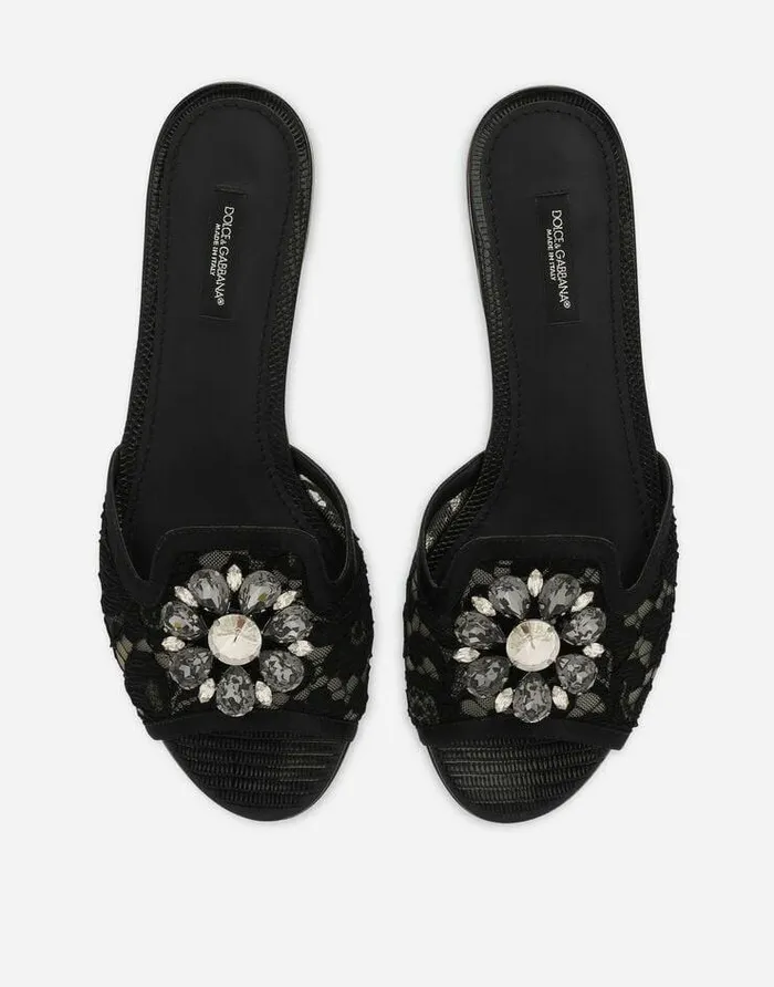 Dolce and Gabbana Slides And Mules Women Lace Rainbow Slides With Brooch Detailing Black Dolce and Gabbana Slides And Mules Women Lace Rainbow Slides With Brooch Detailing Black
