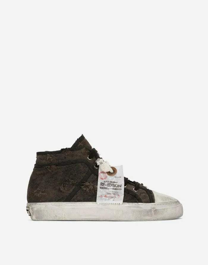 Dolce and Gabbana Sneakers Men Patchwork Denim Vintage Midtop Sneakers Brown