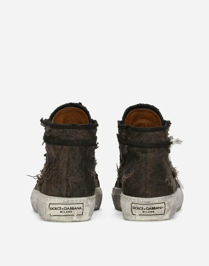 Dolce and Gabbana Sneakers Men Patchwork Denim Vintage Midtop Sneakers Brown Dolce and Gabbana Sneakers Men Patchwork Denim Vintage Midtop Sneakers Brown