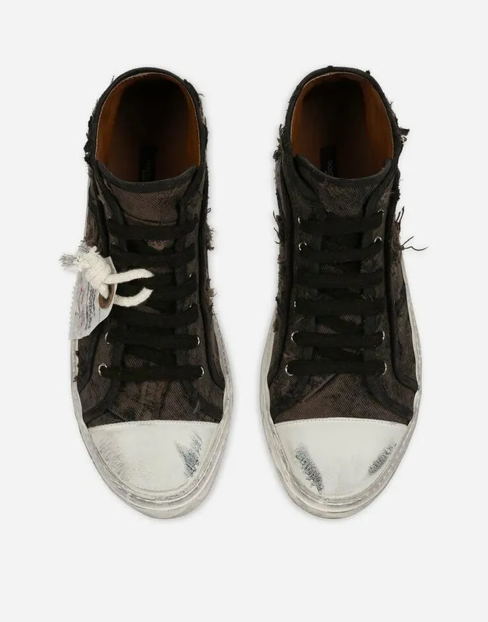 Dolce and Gabbana Sneakers Men Patchwork Denim Vintage Midtop Sneakers Brown Dolce and Gabbana Sneakers Men Patchwork Denim Vintage Midtop Sneakers Brown