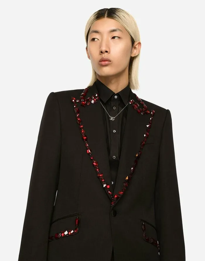Dolce and Gabbana Suits And Blazers Men Wool Siciliafit Suit With Rhinestones Black Dolce and Gabbana Suits And Blazers Men Wool Siciliafit Suit With Rhinestones Black