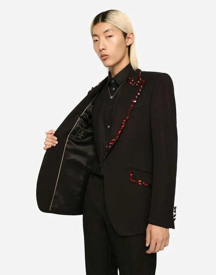 Dolce and Gabbana Suits And Blazers Men Wool Siciliafit Suit With Rhinestones Black Dolce and Gabbana Suits And Blazers Men Wool Siciliafit Suit With Rhinestones Black