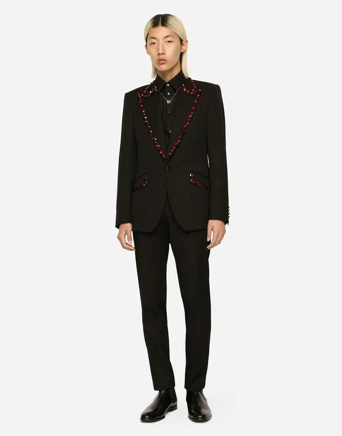 Dolce and Gabbana Suits And Blazers Men Wool Siciliafit Suit With Rhinestones Black Dolce and Gabbana Suits And Blazers Men Wool Siciliafit Suit With Rhinestones Black