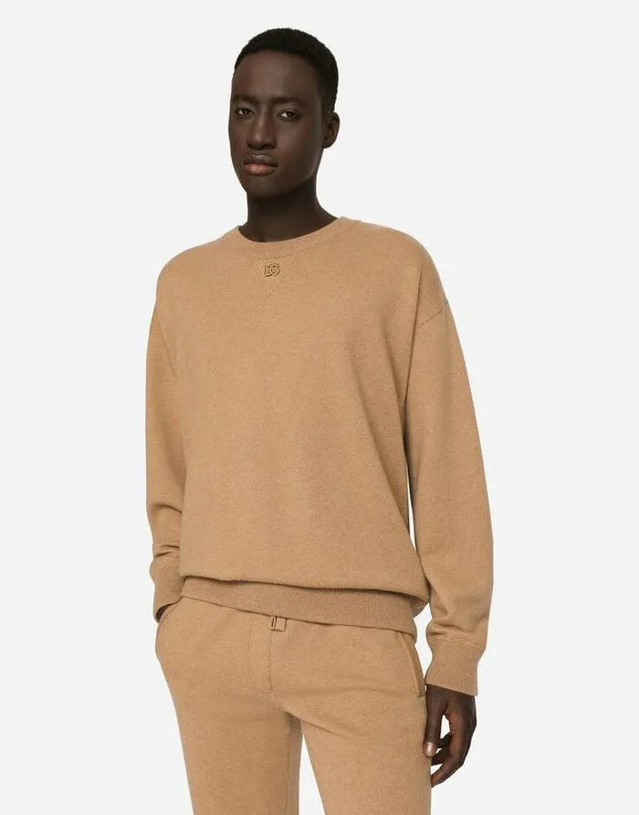 Dolce and Gabbana Sweaters And Cardigans Men Cashmere Roundneck Sweater With DG Logo Beige Dolce and Gabbana Sweaters And Cardigans Men Cashmere Roundneck Sweater With DG Logo Beige