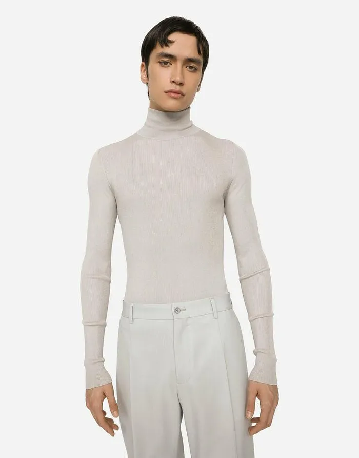 Dolce and Gabbana Sweaters And Cardigans Men Ribbed Silk Turtleneck Sweater Grey Dolce and Gabbana Sweaters And Cardigans Men Ribbed Silk Turtleneck Sweater Grey