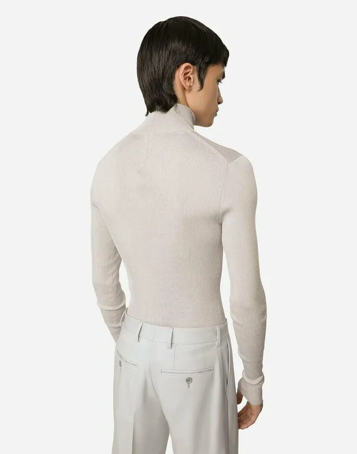 Dolce and Gabbana Sweaters And Cardigans Men Ribbed Silk Turtleneck Sweater Grey Dolce and Gabbana Sweaters And Cardigans Men Ribbed Silk Turtleneck Sweater Grey