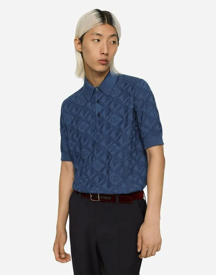 Dolce and Gabbana Sweaters And Cardigans Men Shortsleeved 3D Silk Jacquard Poloshirt Azure Dolce and Gabbana Sweaters And Cardigans Men Shortsleeved 3D Silk Jacquard Poloshirt Azure
