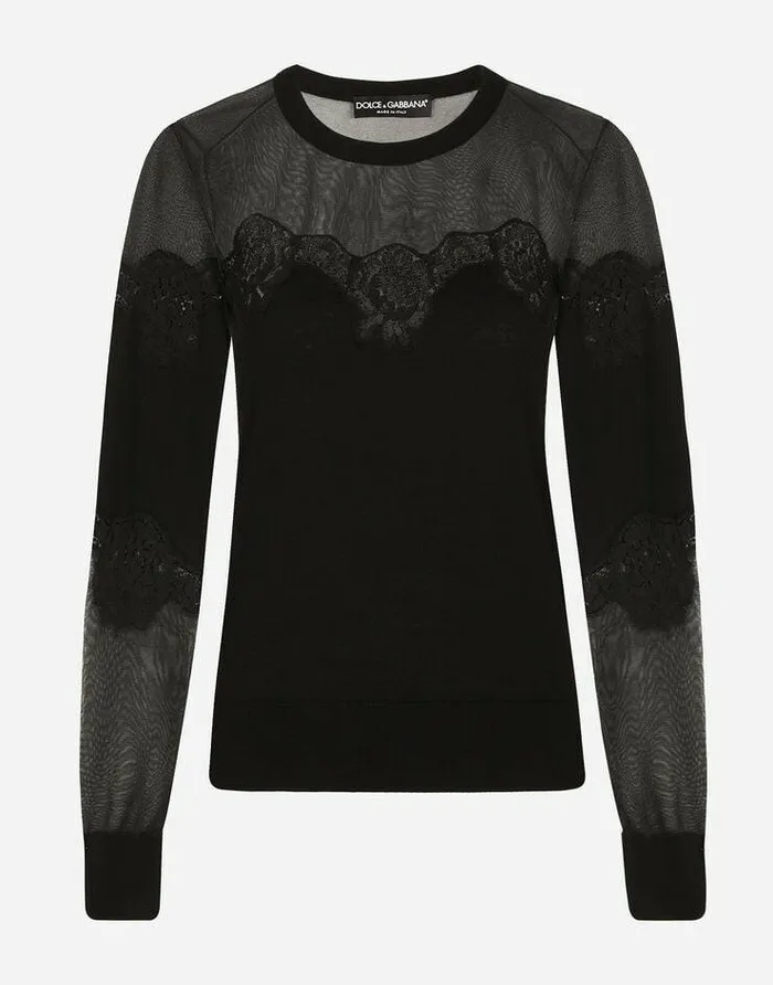 Dolce and Gabbana Sweaters And Cardigans Women Cashmere Tulle And Silk Sweater With Lace Black Dolce and Gabbana Sweaters And Cardigans Women Cashmere Tulle And Silk Sweater With Lace Black