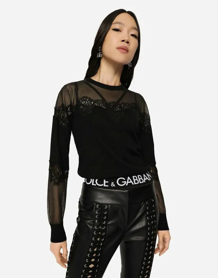 Dolce and Gabbana Sweaters And Cardigans Women Cashmere Tulle And Silk Sweater With Lace Black Dolce and Gabbana Sweaters And Cardigans Women Cashmere Tulle And Silk Sweater With Lace Black