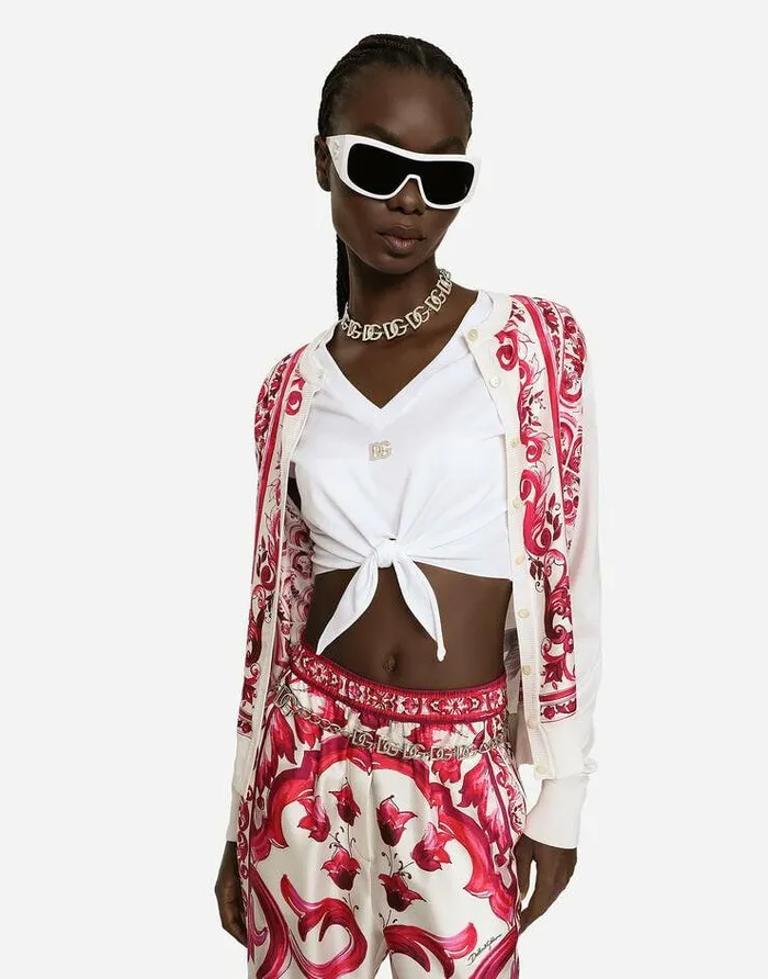 Dolce and Gabbana Sweaters And Cardigans Women Majolicaprint Silk And Twill Cardigan Multicolor Dolce and Gabbana Sweaters And Cardigans Women Majolicaprint Silk And Twill Cardigan Multicolor