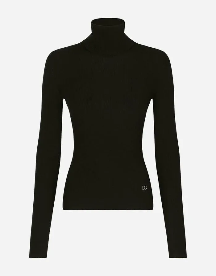 Dolce and Gabbana Sweaters And Cardigans Women Ribbed Cashmere And Silk Turtleneck With DG Logo Black Dolce and Gabbana Sweaters And Cardigans Women Ribbed Cashmere And Silk Turtleneck With DG Logo Black