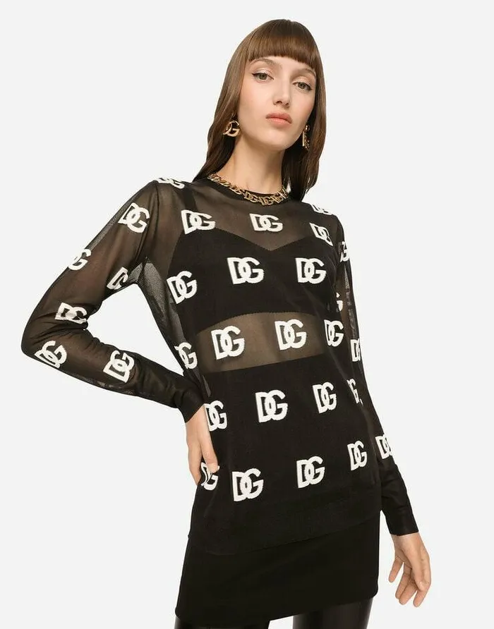 Dolce and Gabbana Sweaters And Cardigans Women Sheer Sweater With Allover DG Logo Multicolor Dolce and Gabbana Sweaters And Cardigans Women Sheer Sweater With Allover DG Logo Multicolor