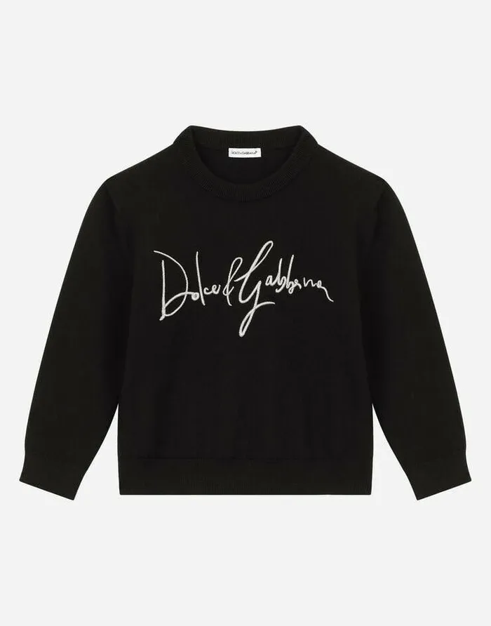 Dolce and Gabbana Sweaters Children Roundneck Pullover With Logo Embroidery Black Dolce and Gabbana Sweaters Children Roundneck Pullover With Logo Embroidery Black