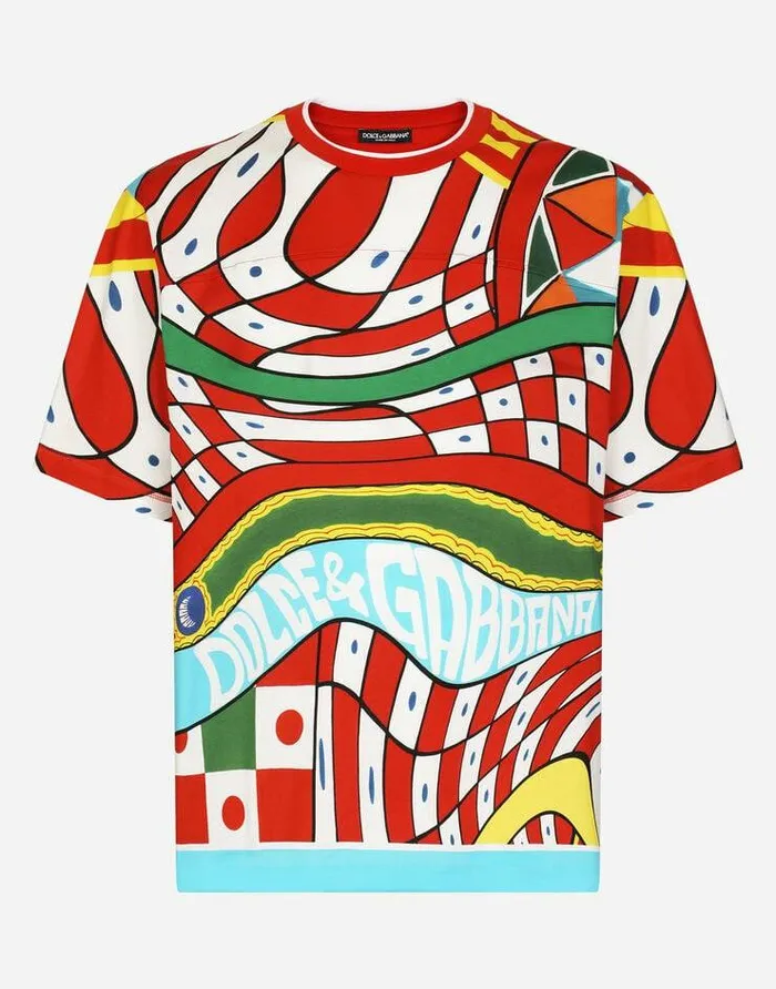 Dolce and Gabbana TShirts And Polos Men Cotton Tshirt With Carretto Print Azure