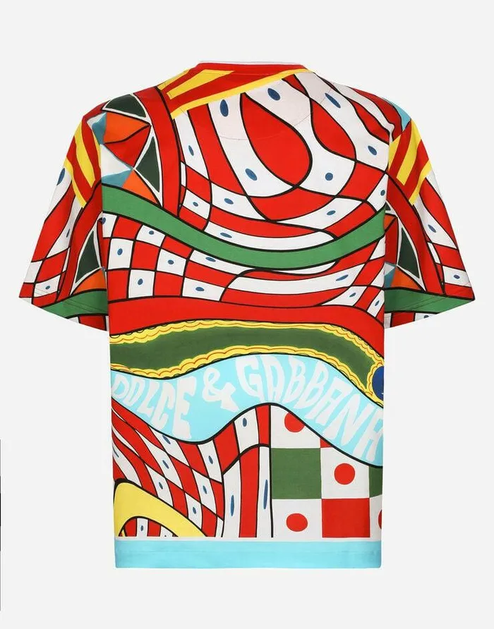 Dolce and Gabbana TShirts And Polos Men Cotton Tshirt With Carretto Print Azure Dolce and Gabbana TShirts And Polos Men Cotton Tshirt With Carretto Print Azure