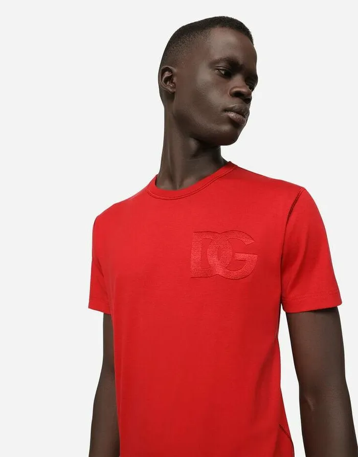 Dolce and Gabbana TShirts And Polos Men Cotton Tshirt With DG Embroidery Red Dolce and Gabbana TShirts And Polos Men Cotton Tshirt With DG Embroidery Red