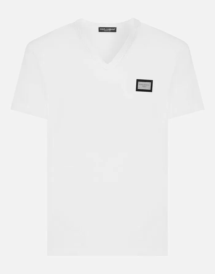 Dolce and Gabbana TShirts And Polos Men Cotton Vneck Tshirt With Branded Tag White Dolce and Gabbana TShirts And Polos Men Cotton Vneck Tshirt With Branded Tag White