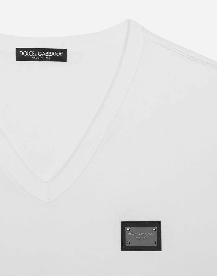Dolce and Gabbana TShirts And Polos Men Cotton Vneck Tshirt With Branded Tag White Dolce and Gabbana TShirts And Polos Men Cotton Vneck Tshirt With Branded Tag White