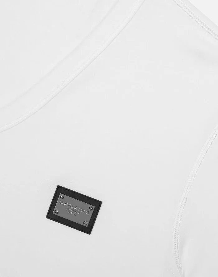 Dolce and Gabbana TShirts And Polos Men Cotton Vneck Tshirt With Branded Tag White Dolce and Gabbana TShirts And Polos Men Cotton Vneck Tshirt With Branded Tag White