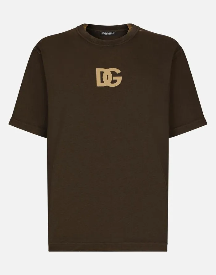 Dolce and Gabbana TShirts And Polos Men DG Logo Print Cotton Tshirt Brown