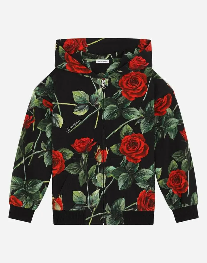 Dolce and Gabbana TShirts And Sweatshirts Children Interlock Hoodie With Rose Print Multicolor Dolce and Gabbana TShirts And Sweatshirts Children Interlock Hoodie With Rose Print Multicolor