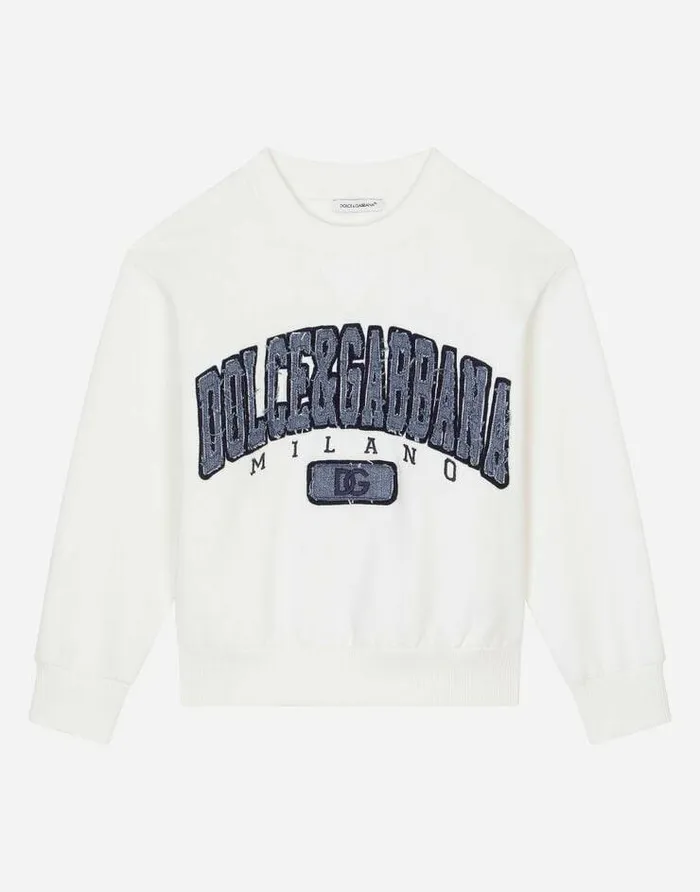 Dolce and Gabbana TShirts And Sweatshirts Children Roundneck Jersey Sweatshirt With Logo Patch White Dolce and Gabbana TShirts And Sweatshirts Children Roundneck Jersey Sweatshirt With Logo Patch White