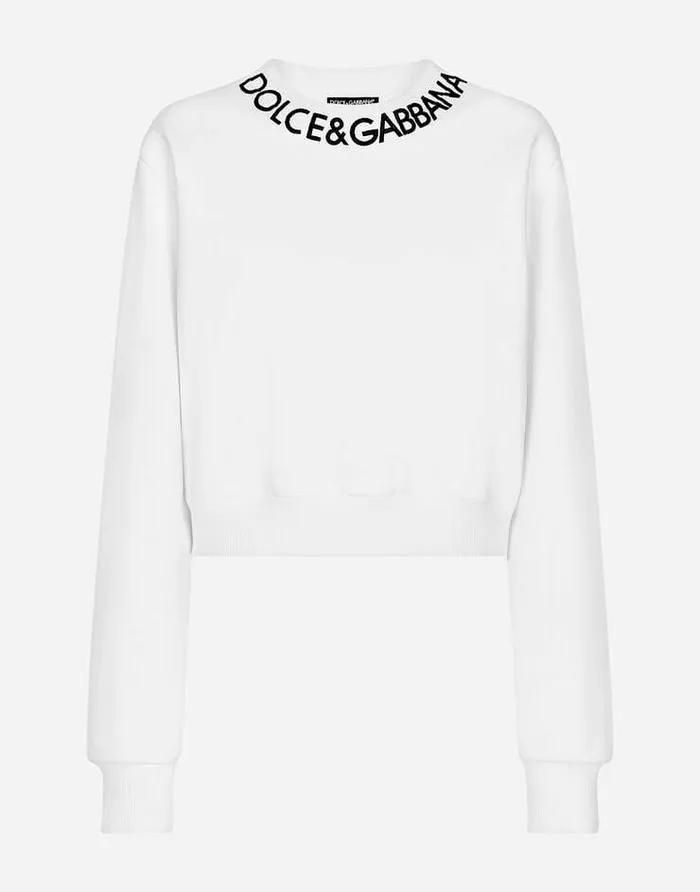 Dolce and Gabbana TShirts And Sweatshirts Women Cropped Jersey Sweatshirt With Logo Embroidery On Neck White Dolce and Gabbana TShirts And Sweatshirts Women Cropped Jersey Sweatshirt With Logo Embroidery On Neck White