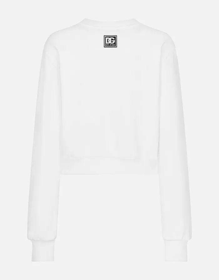 Dolce and Gabbana TShirts And Sweatshirts Women Cropped Jersey Sweatshirt With Logo Embroidery On Neck White Dolce and Gabbana TShirts And Sweatshirts Women Cropped Jersey Sweatshirt With Logo Embroidery On Neck White